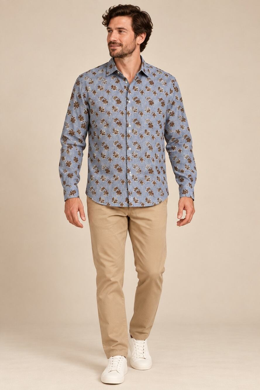 NWT Doppelgänger Floral Linen Cotton Button Front Shirt Men’s Small Blue Brown